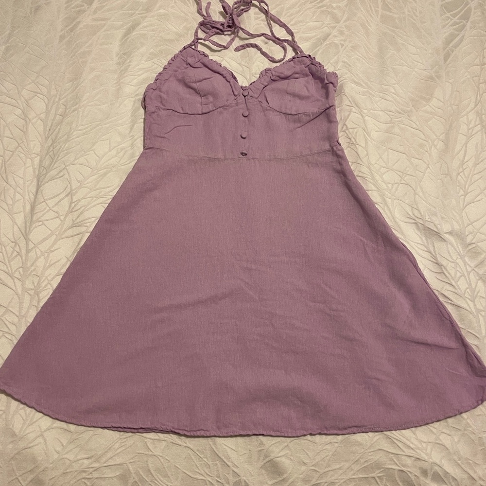ZARA Lavender Linen Blend Mini Dress – Size S | Summer Tie-Strap Dress